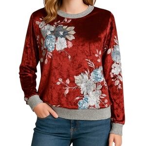 CRESCENT DRIVE Red Crushed Velvet Floral Top Long Sleeve Stretchy Lightweight L